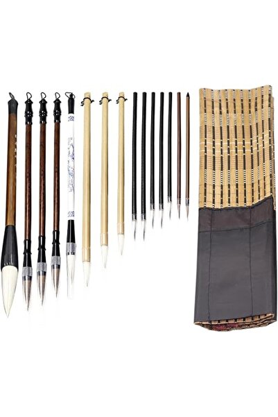 Generic 15 Piece Chinese Calligraphy Brush Set with Roll-Up Bamboo Holder, Pr...