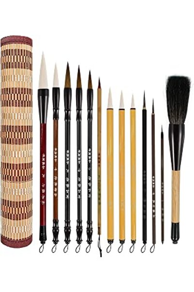 Generic Chinese Calligraphy Brush Set with Roll-Up Bamboo Holder-13 Pieces