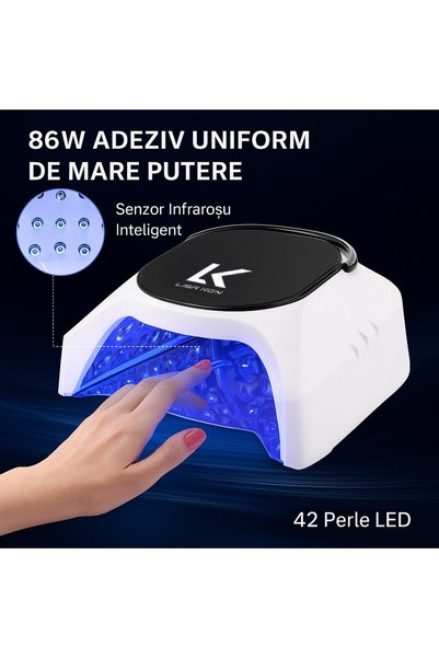 Lisa Kon Lampă profesională hibridă pentru manichiură și pedichiură, UV LED reîncărcabilă fără fir de 86W, uscare 10-90 sec, 42 LED-uri UV