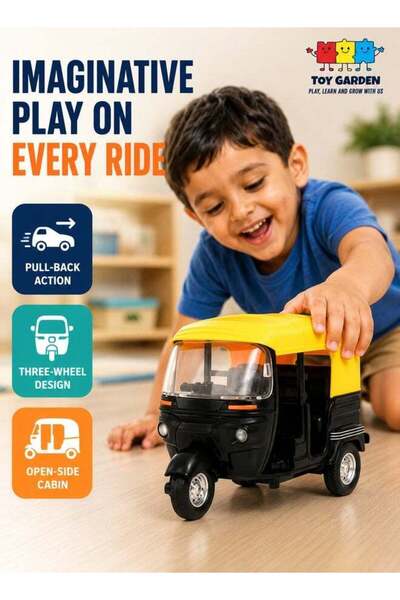 DEEFUP Die-Cast Metal Auto Rickshaw Toy Model with Movable Handle and Pull Ba...