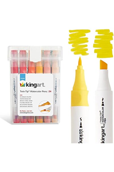Generic أقلام ألوان مائية مزدوجة الأطراف من KINGART، 24 لونًا فريدًا - رأس عر...