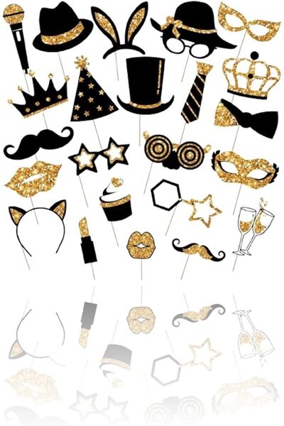 Sweet seven 24-Piece Golden Party Photo Booth Props - Perfect for Birthdays, ...