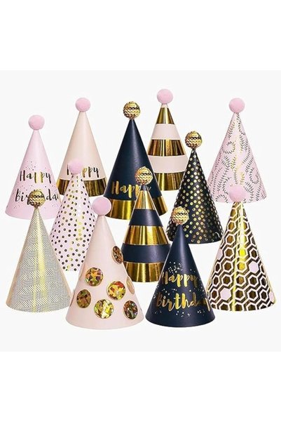 ALMEKAQUZ 12 Pieces Party Cone Hats, Birthday Party Hats, Gold Happy Birthday...