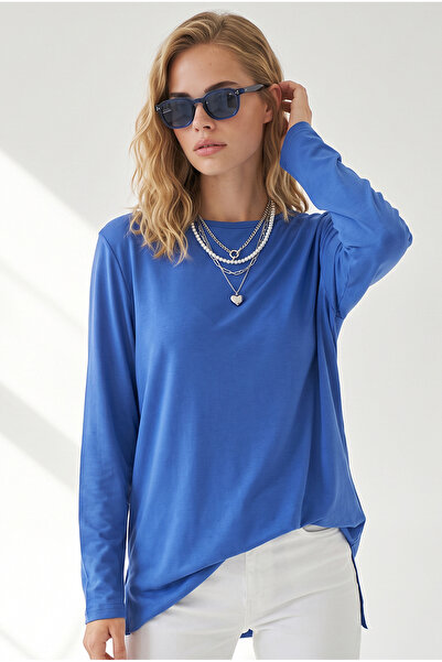 Olalook Women's Saks Blue Slit Draped Long Knitted Viscose Blouse Blz-19003089