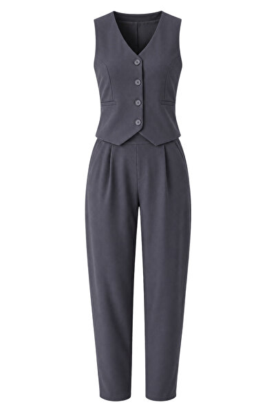 Odete Likralı Pantalon Ve Yelek Füme Takım