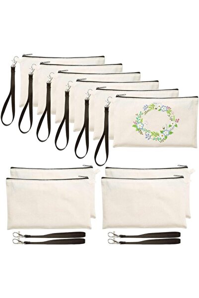 X SPRING Cosmetic Bags, 10 PCS Beige 14x20cm Canvas Makeup Bag with Wristband...