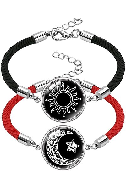 Generic Sun and Moon Glow-in-the-Dark Couple Bracelets, Black and Red Cord wi...