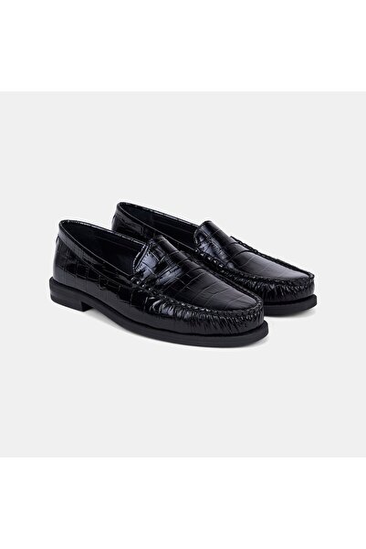 Desa Kadın Siyah Kroko Baskılı Klasik Deri Loafer