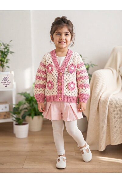 MEGAHAN BOUTIQUE Megahan kız çocuk el orgü pembe tığ ısı hırka