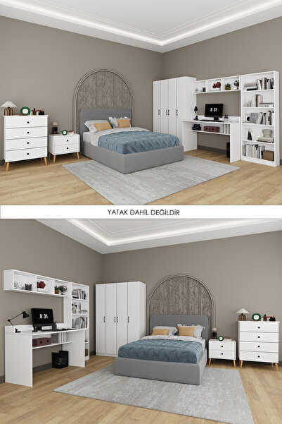asratrend Genç Yatak Odası Takımı 5 Parça %100 MDF Kitaplık Masa Gardırop Şif...