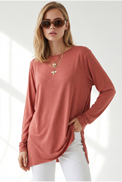Olalook Women's Dusty Rose Slit Draped Long Knitted Viscose Blouse Blz-19003089