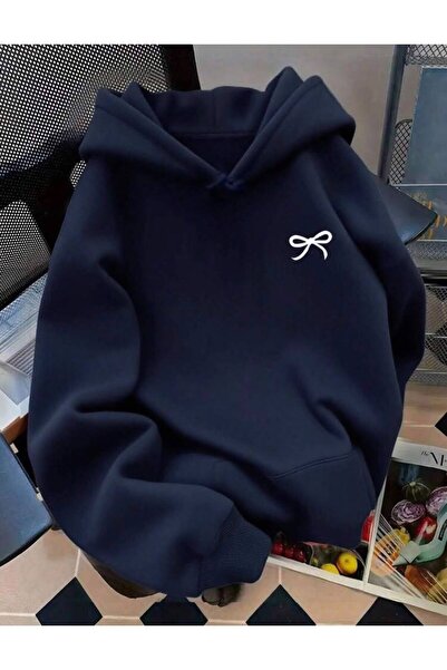 trendgar Navy Blue Bowknot Printed Hooded Sweatshirt