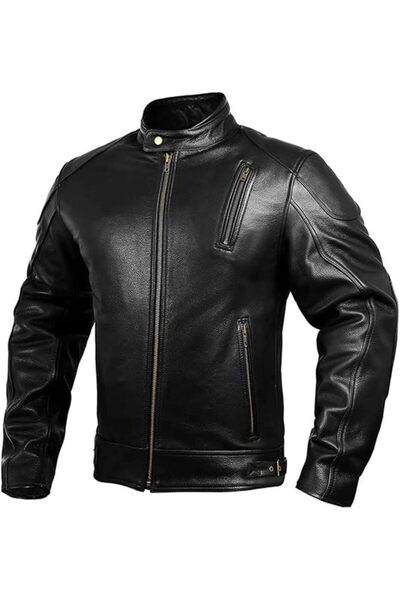 HWKPII HWK Leather Motorcycle Jacket with Armor for Men, Cafe Racer Genuine L...