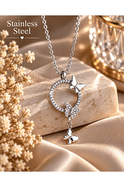 stainless steell Silver Color Zircon Stone Butterfly Detailed Round Design St...