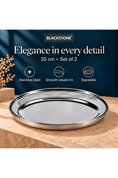 Blackstone Stainless Steel Oval Serving Tray 35cm, Stackable Dishwasher Safe Food Serving Platter, Silver, Set of 2