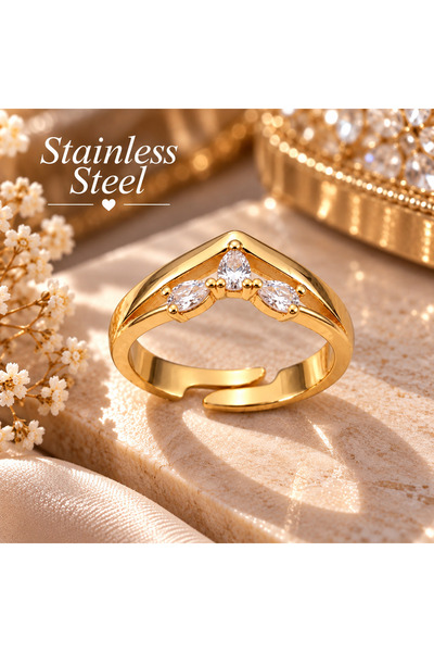 stainless steell Gold Color Adjustable Zircon Stone Antiallergic Steel Ring