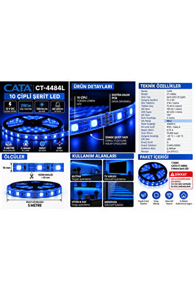 CT-4484L 10 Çip Mavi Şerit LED 5 Metre 12V