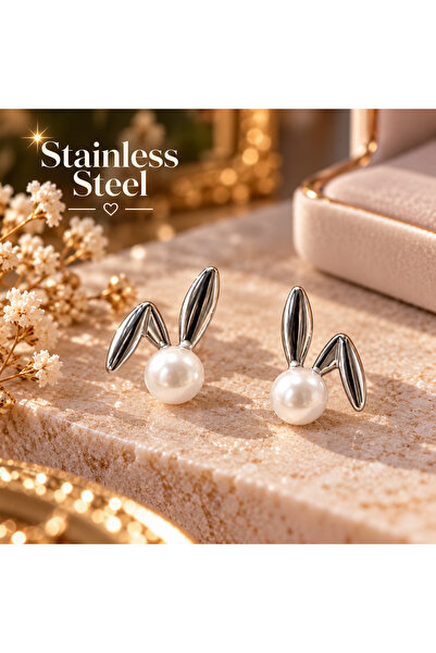 stainless steell Silver Color Rabbit Ear Design Zircon Stone Steel Earrings