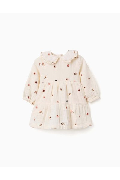 Ziddy Long Sleeve Cotton Dress With Floral Embroidery For Baby Girls, White