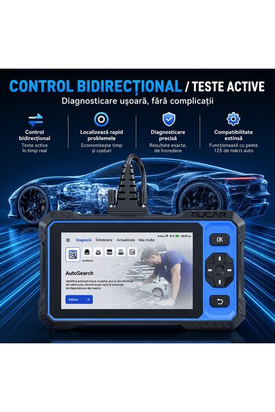 mucar Tester de diagnosticare auto AI 632, OBD2, control bidirecțional, 4 sisteme ECM/TCM/ABS/SRS, 15 funcții de service, AutoVIN, CAN FD, FCA AutoAuth, ecran de 6,2 inch, Android 8.1, Wi-Fi, actualizări gratuite pe viață