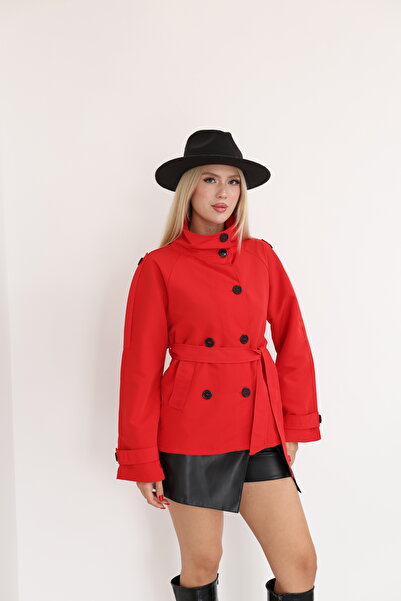 Moda Palmiss Lined Women's Trench Coat Jacket with Stand Collar and Back Wind...