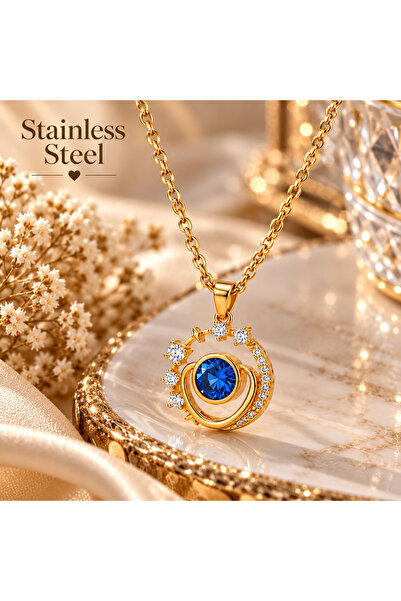 stainless steell Gold Color Zircon Stone Starry Planet Design Steel Necklace