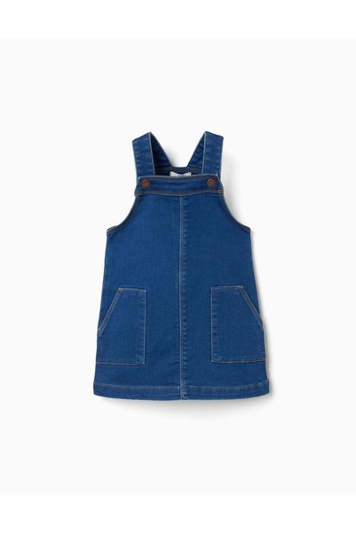 Ziddy Denim Pinafore Dress With Front Pockets For Baby Girls, Blue