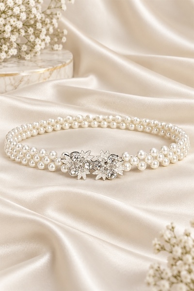 FashionForYou Elastic Heritage belt with pearls and floral buckle, IRIS Silver