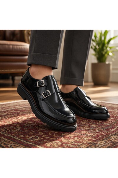 Verla Men's Casual Classic Double Buckle Patent Leather Poly Sole Shoes