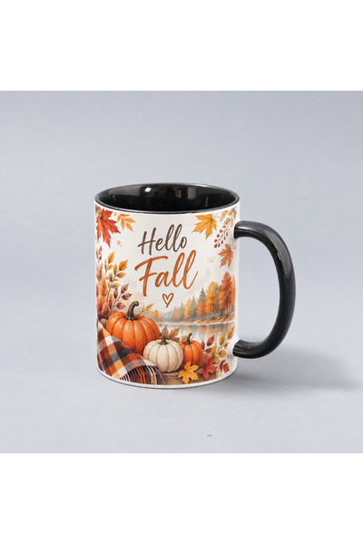 Generic Brand Cană ceramică cu design de toamnă, interior și mâner negru, per...