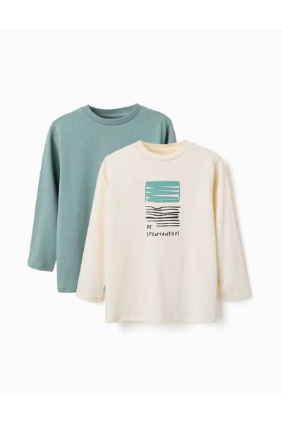 Ziddy Pack Of 2 Long Sleeve T Shirts With Prints For Boys, White/Green