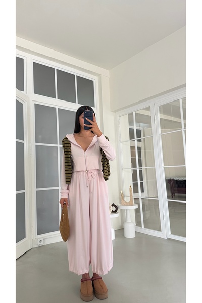 GAUS CO Pembe Kapüşonlu Hırka Beli Lastikli Geniş Paça Pantolon İkili OYS Mod...