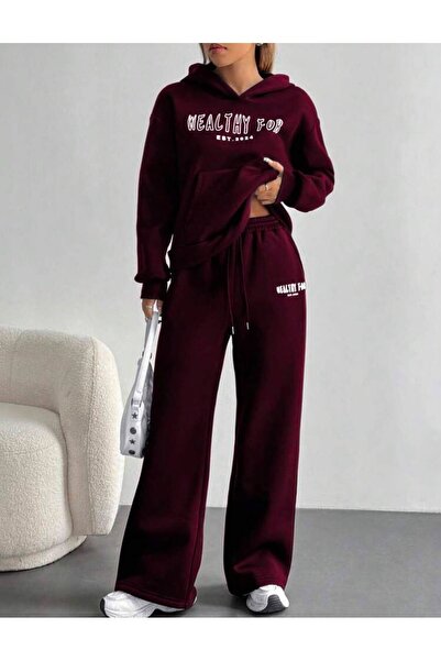 trendgar Bordo Geniş Paça Wealthy Sweatshirt/Alt Eşofman Takımı