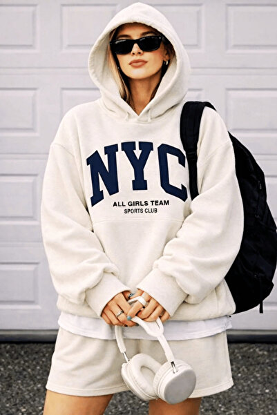 K KOZZ STYLE Üç İplik Şardonlu Beyaz NYC Sweatshirt Hoodie