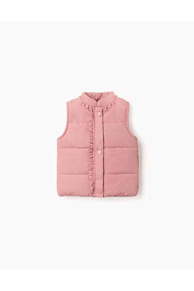 Ziddy Puffer Vest With Polar Fleece Lining And Ruffles For Baby Girls, Pink