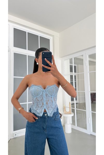 GAUS CO Mavi Dantelli Korse Bluz GAUS-01860