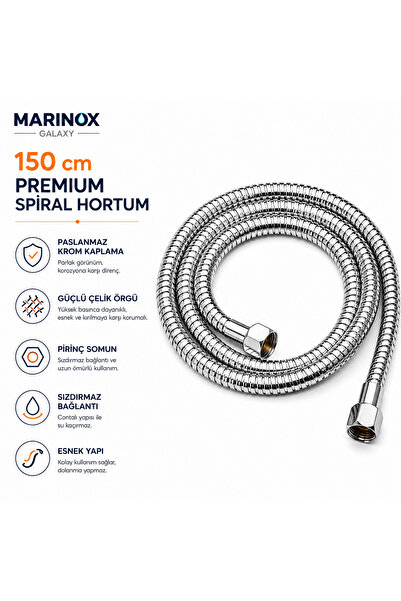 50 cm Premium Spiral Duş Hortumu Paslanmaz Krom Kaplama Çelik Örgülü Pirinç Somunlu 1/2'' Bağlantı