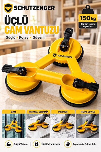 SCHUTZENGER 150 kg TAŞIMA VAKUMLU 3 lü VANTUZ GRANİT CAM FAYANS MERMER TAŞIMA APARATI PROFESYONEL