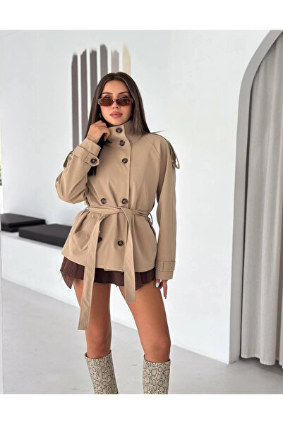 Ekim Store Bej Brshk Dik Yaka Kuşaklı Trenç