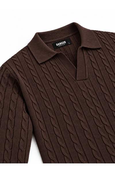Danger Men's Premium Hair Knit Polo Collar Thick Knitwear Sweater Brown 2Dngr