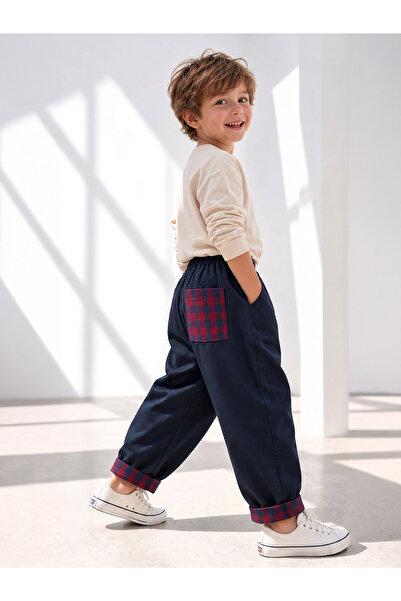 Catz Kids Erkek Çocuk Havuç Kesim Pantolon Lacivert Gabardin Denim Pötikare C...