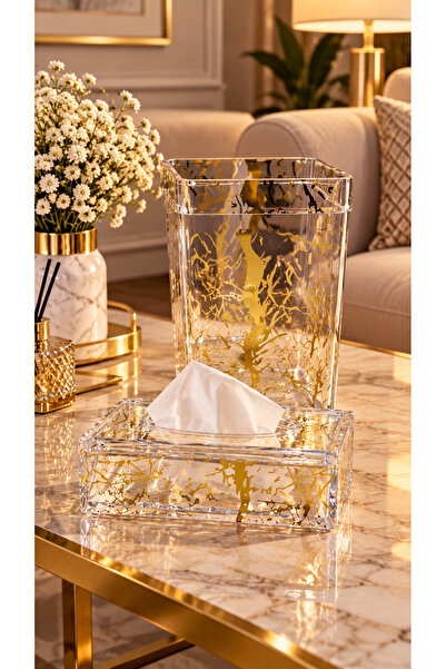 ABAREEK Trash Can Set with Transparent Tissue Box Gold Detailing Made of Fash...