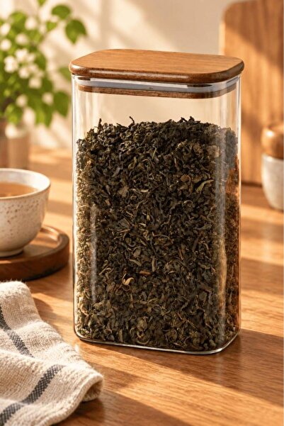 Atbyhome Ahşap Vakum Kapaklı Dikdörtgen Cam Kavanoz 1500 ml - Çay Kahve Ve Er...