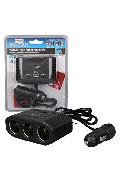 Hubrendy SH Olesson 2012 12-24v Çift Type-c - Tek Usb Girişli 120w 80cm Kablolu 3'lü Araç Çakmak Çok