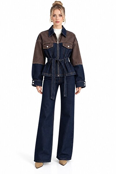 Saade Lacivert Belden Bağlamalı İki Renkli Denim Ceket ve PantolonTakım