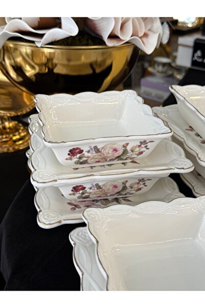 LOKMAN ZÜCCACİYE SHOWROOM 12 Piece Porcelain Flower-Patterned Square Multipur...