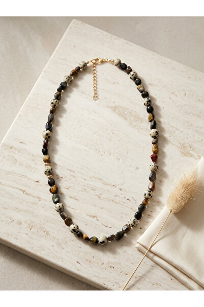 ILSA Tiger's Eye Natural Stone Women's Necklace - Onyx and Dalmatian Jasper Beaded |   Savana