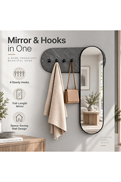 Generic Brand Modern full-length mirror with 4 hooks, wall-mounted, measuring 120 x 80 cm, comes with a wooden hanging rack, suitable for decorative storage in bedrooms, hallways, and entryways.