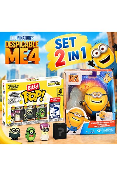 Minions Set 2 în 1, Mega Minion Dave Speed Burst Despicable Me 4 + Funko Bitty POP! Set de 4, Figurine de colecție, 4+ ani
