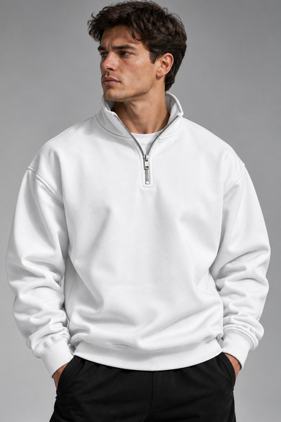Beyaz Renk Unisex Relax Fit Rahat Kesim Pamuklu İç Polarlı Yarım Fermuarlı Sweatshirt